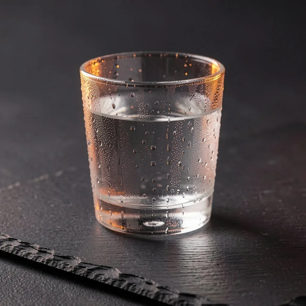 Glass of water on dark surface