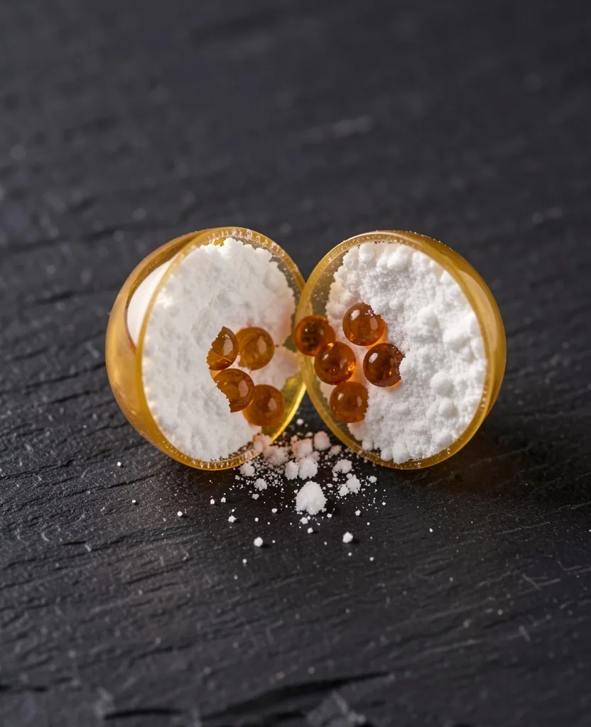 Cross-section of vitamin capsules showing ingredient composition