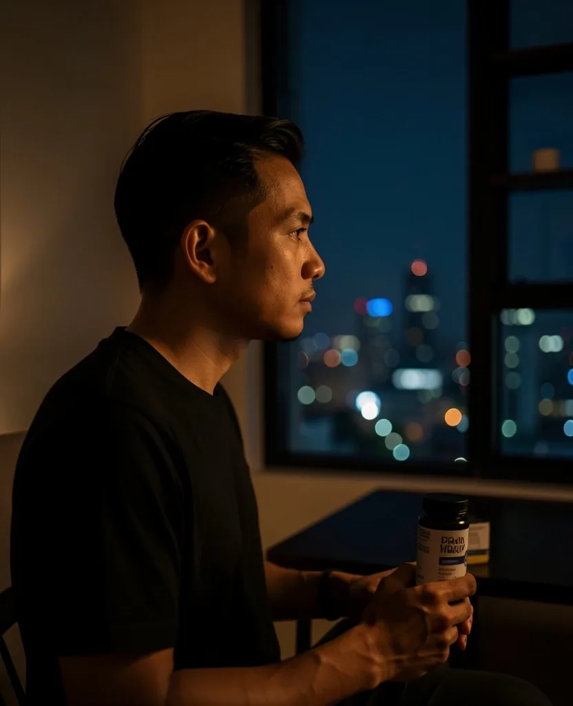 Man working at desk in dim office lighting