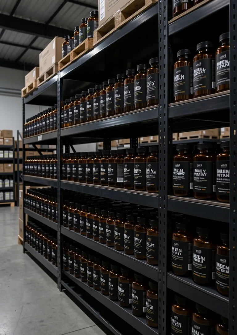 Supplement bottles on warehouse shelving